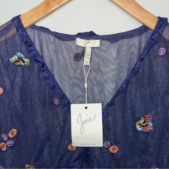 Joie Mesh Top Women's Size Medium Dark Blue‎ Embroidered Floral Short Sleeve MWT - Picture 6 of 6